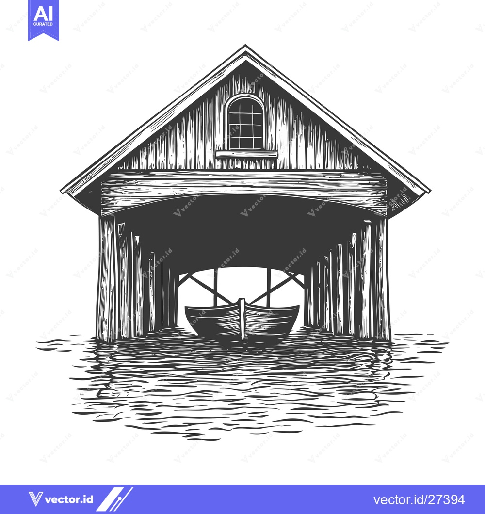 Premium Vector dari Wooden Boat House on Water A Calm Scene