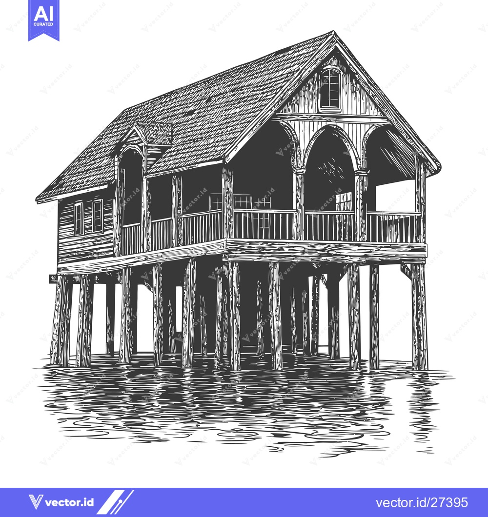 Premium Vector of Elevated Wooden House Over Water Calm Reflection