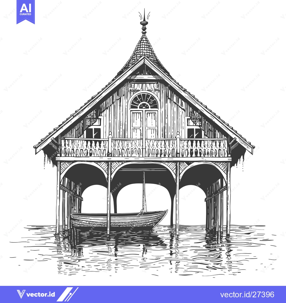 Premium Vector dari Elegant Wooden Lakeside Boathouse With Boat