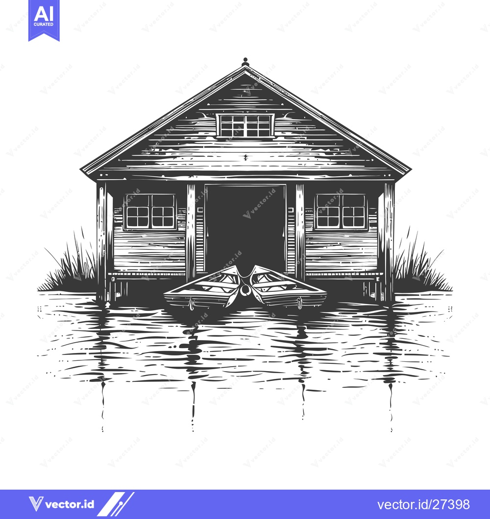 Premium Vector of Rustic Wooden Boat House on Calm Water