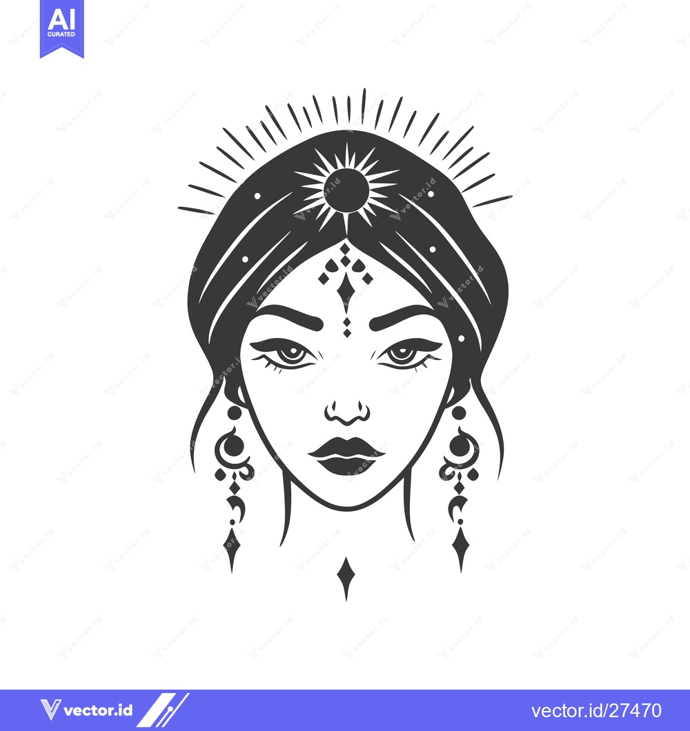Premium Vector dari A stylized portrait of a woman with sun halo and adornments