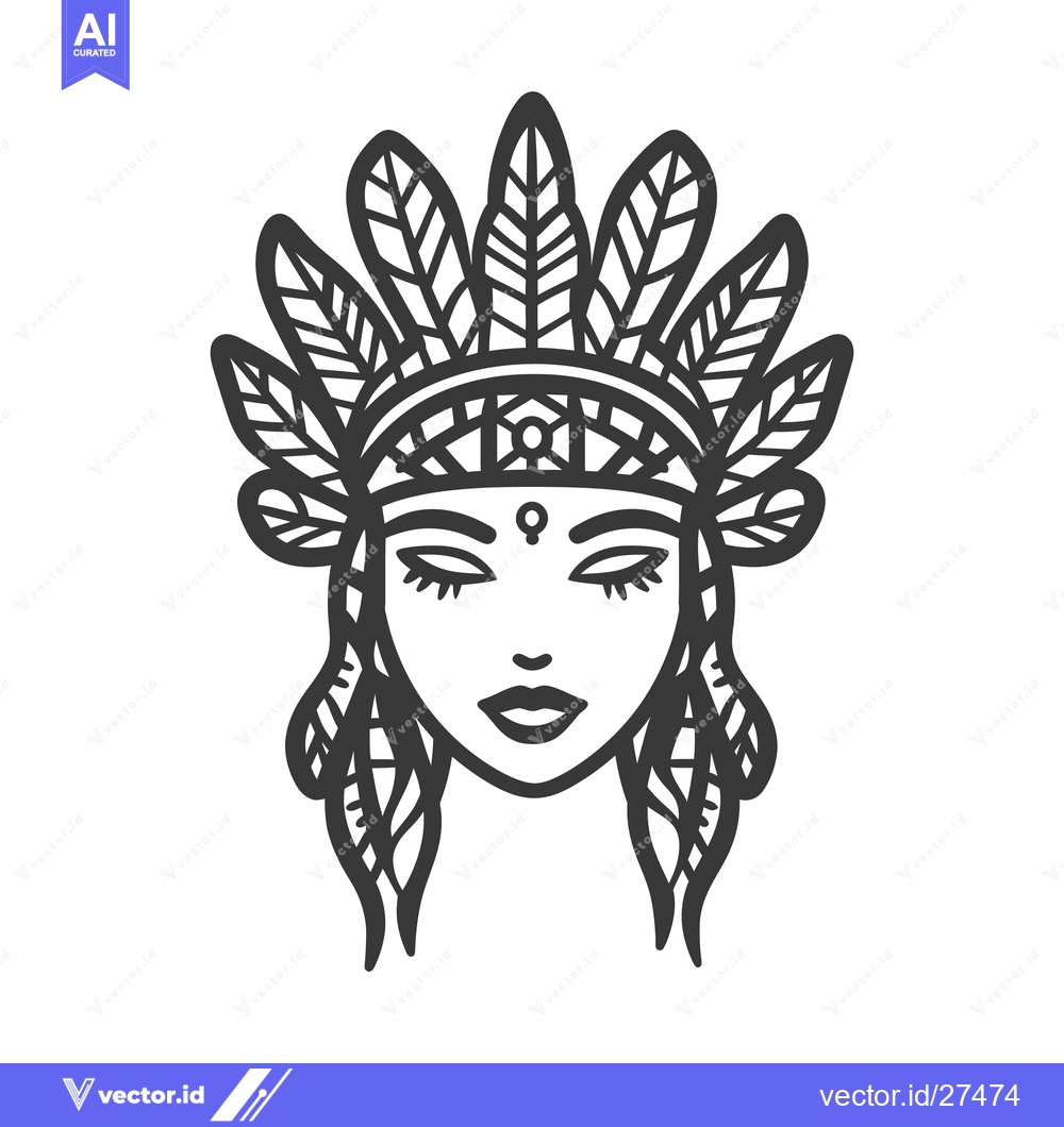 Premium Vector of A woman wearing a headdress with feathers looks serene