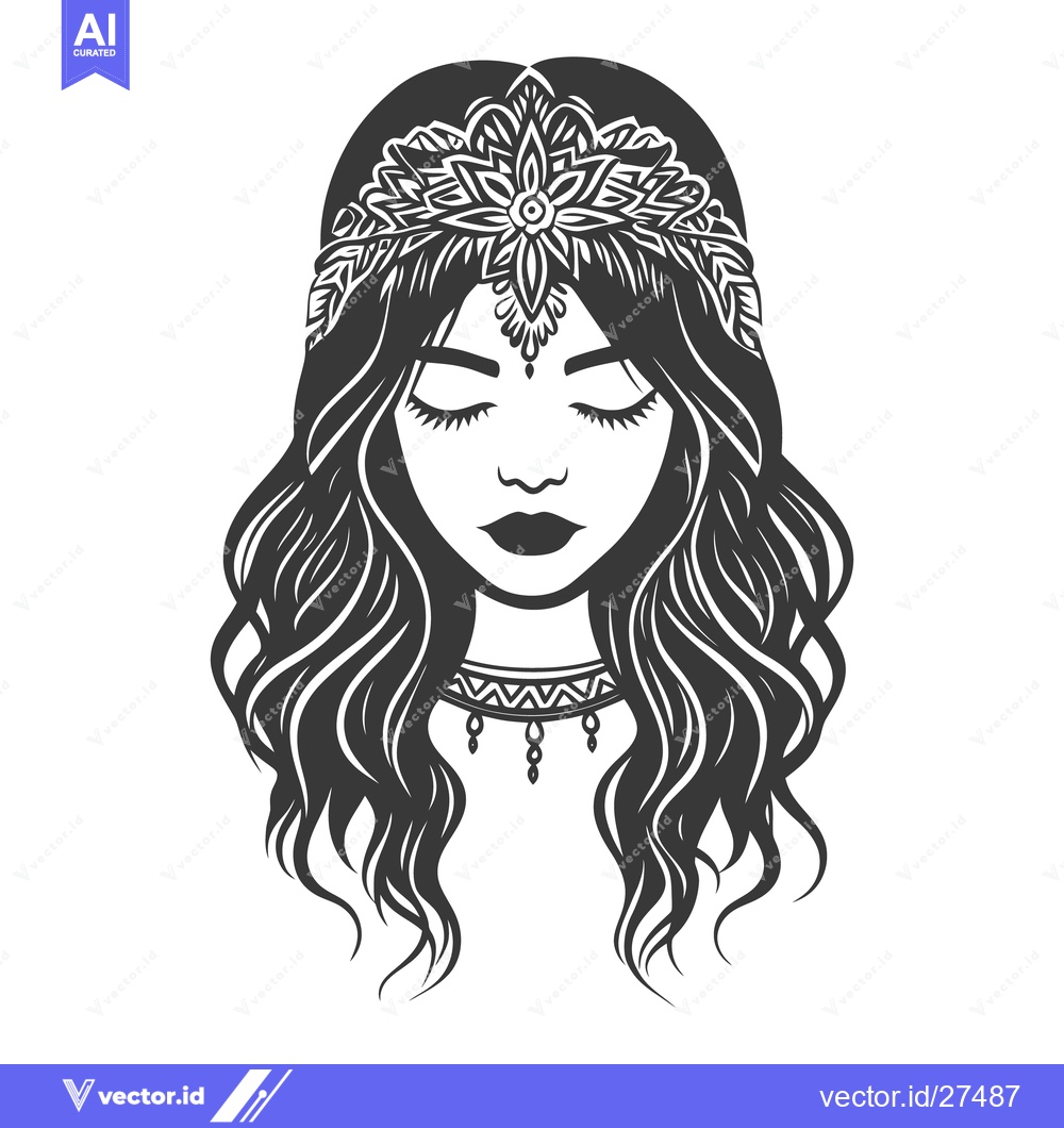 Premium Vector of Beautiful woman depicted with flowing hair and decorative headpiece de