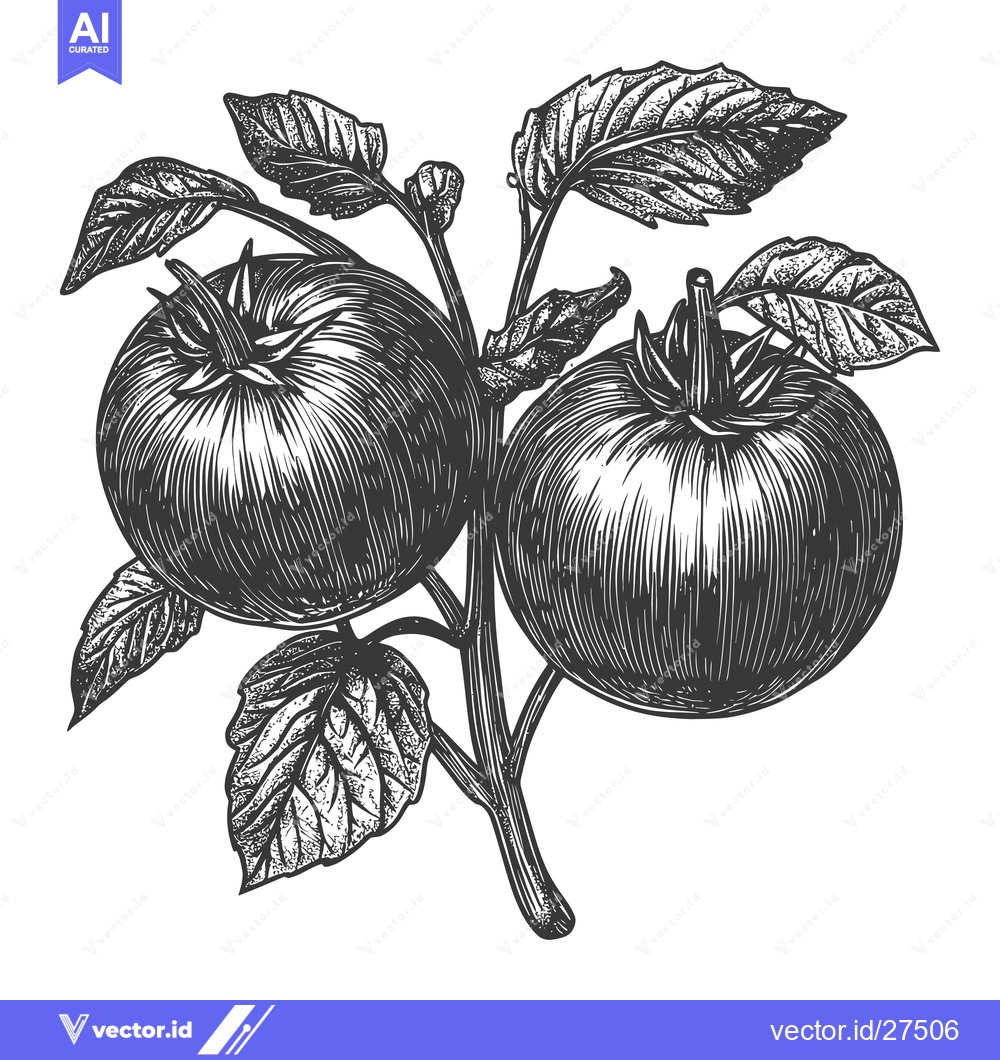 Premium Vector of Two Tomatoes on the Vine with Lush Green Leaves