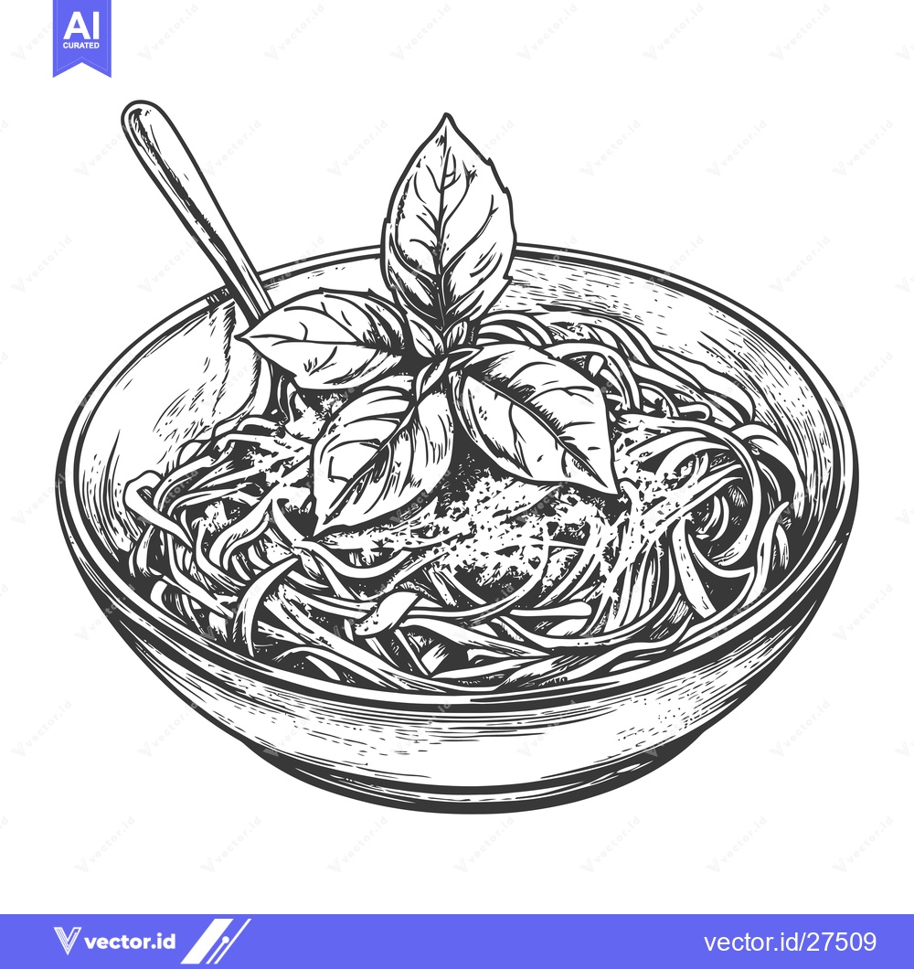 Premium Vector of A Bowl of Pasta with Basil and a Spoon