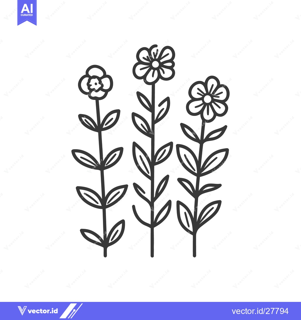 Premium Vector dari Three stylized simple flower plants with multiple leaves displayed