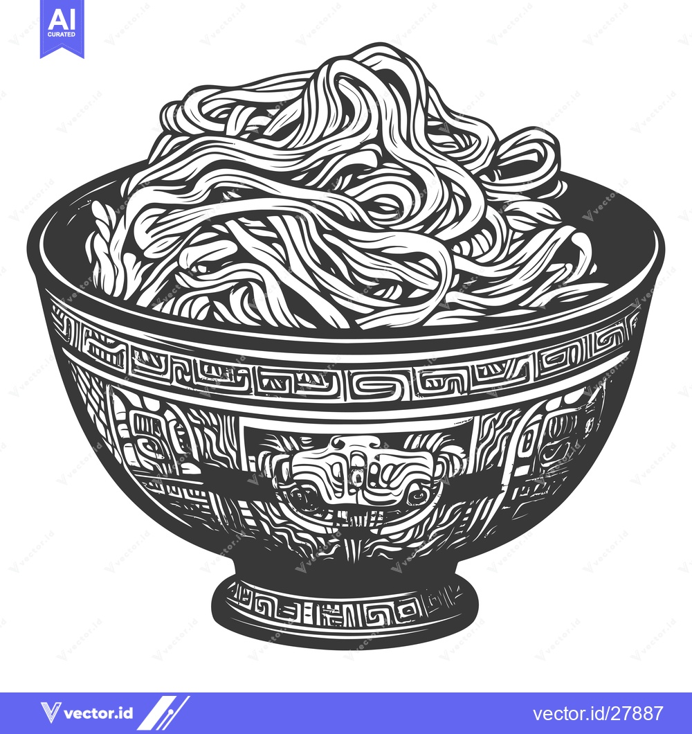 Premium Vector of Bowl of Noodle Illustration in Black and White