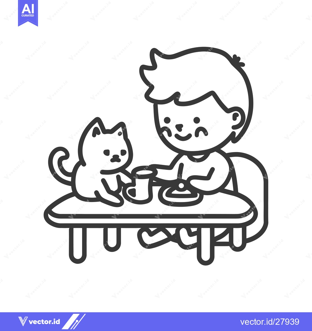 Premium Vector dari Boy and Cat Enjoying a Meal Together at a Table