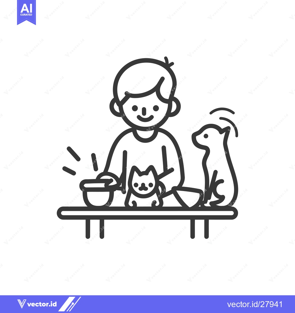 Premium Vector dari Boy feeding cat and dog at a table