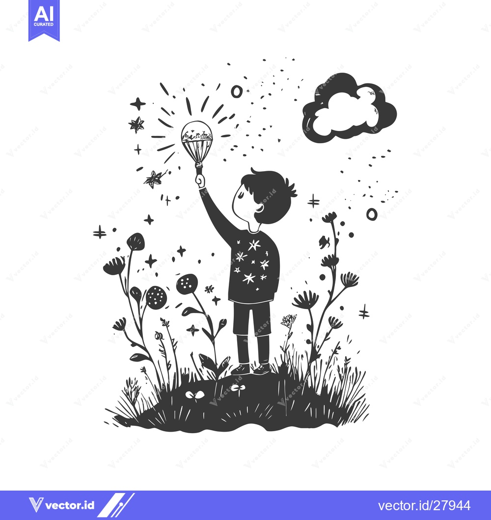 Premium Vector of Boy Holding Light Bulb with Sparkles and Flowers