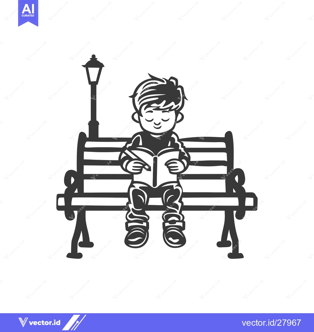 Premium Vector of Boy Reading a Book on a Bench with a Lamppost Behind Him