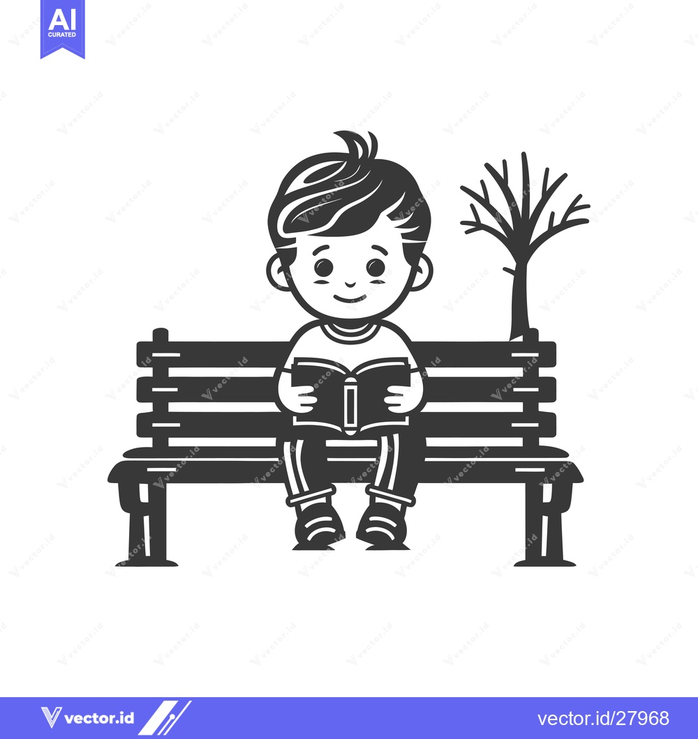 Premium Vector dari Boy Reading a Book on a Bench with a Tree Behind Him