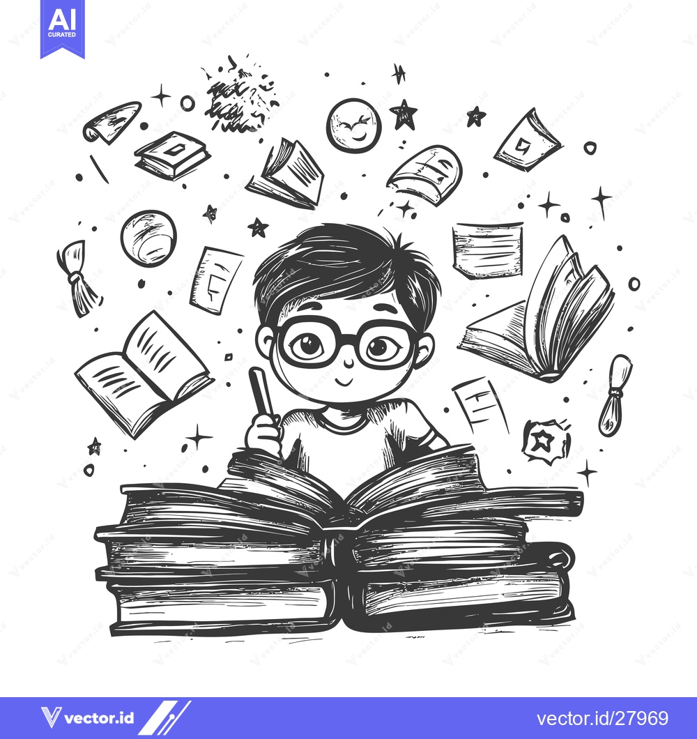 Premium Vector dari Boy Reading A Stack of Books With Flying Books and Stars Around Him