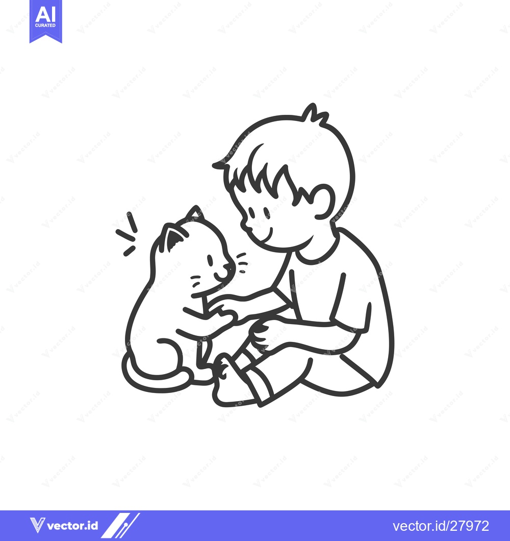 Premium Vector dari Boy Sitting and Looking at a Cat