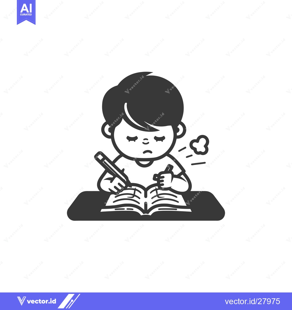 Premium Vector of Boy Sitting at Desk with Book, Pencil, and Anxious Expression