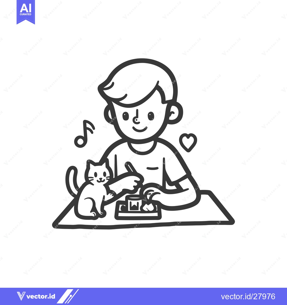Premium Vector dari Boy Sitting at Table with Cat and Music Note