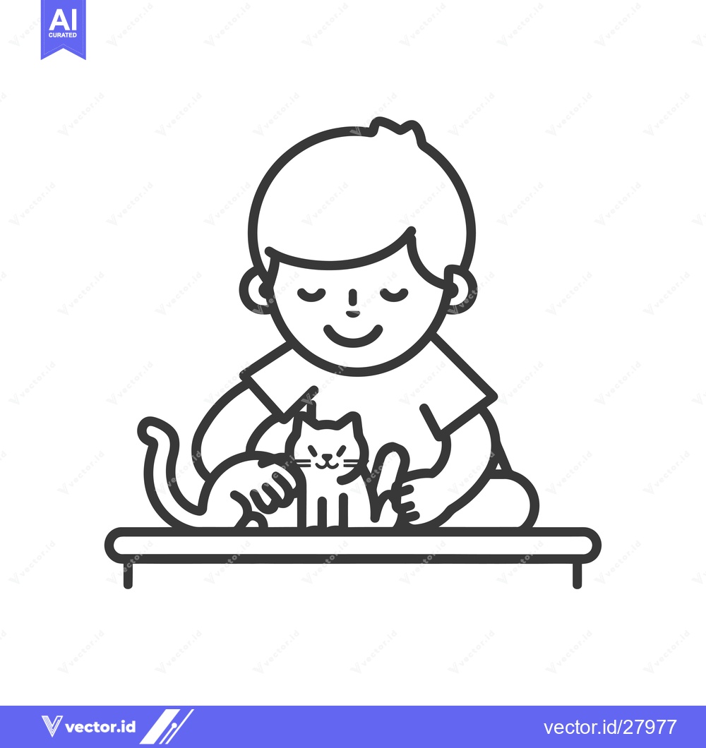 Premium Vector of Boy sitting on a bench petting a cat