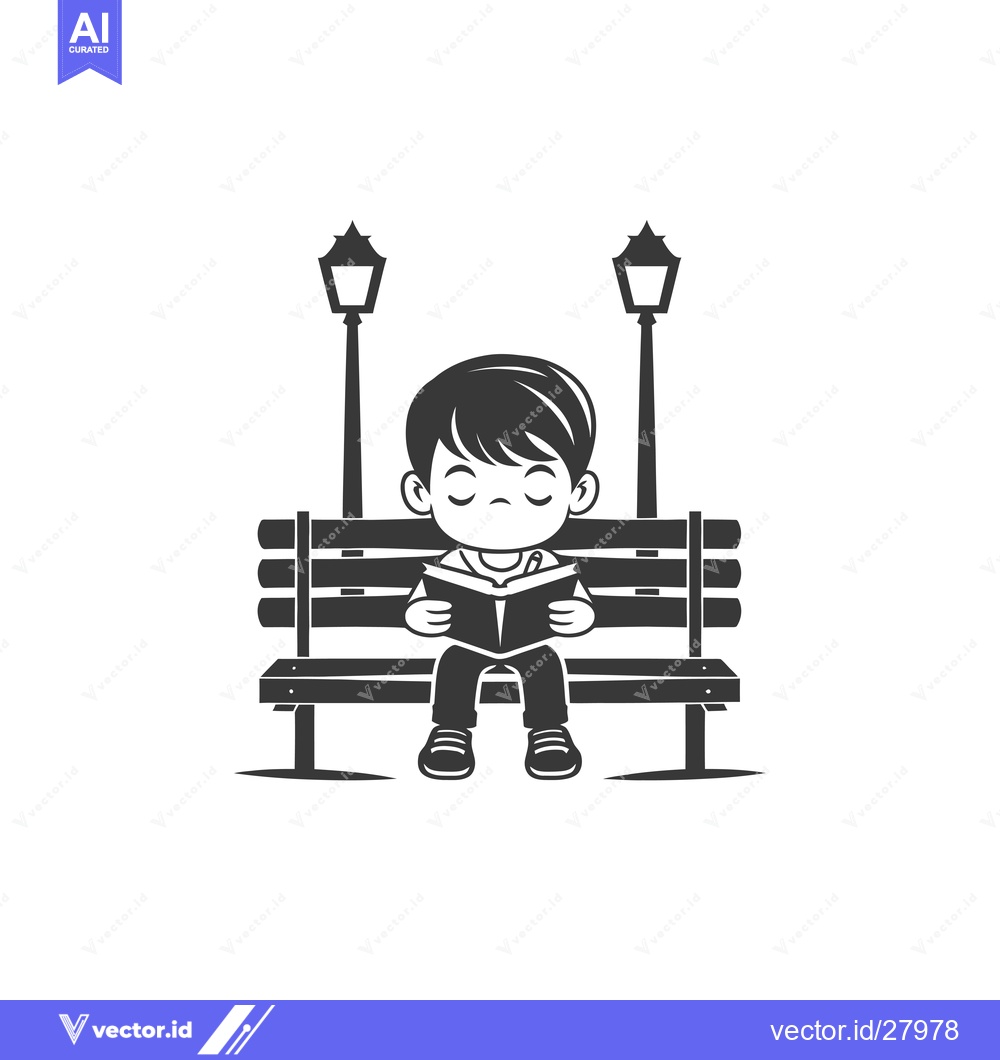Premium Vector of Boy Sitting on a Bench Reading a Book Under Street Lights