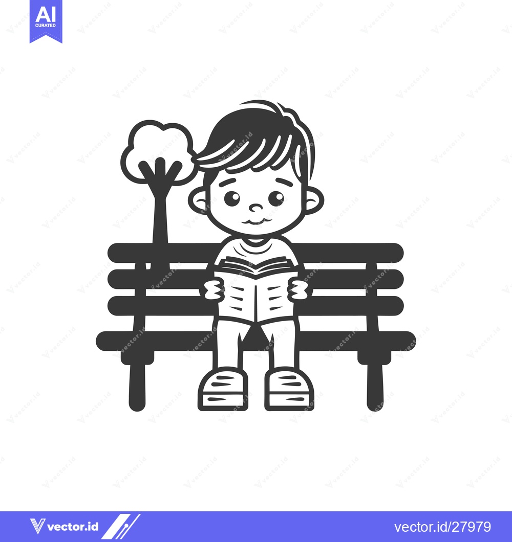 Premium Vector dari Boy Sitting on a Bench Reading a Book with a Tree in the Background