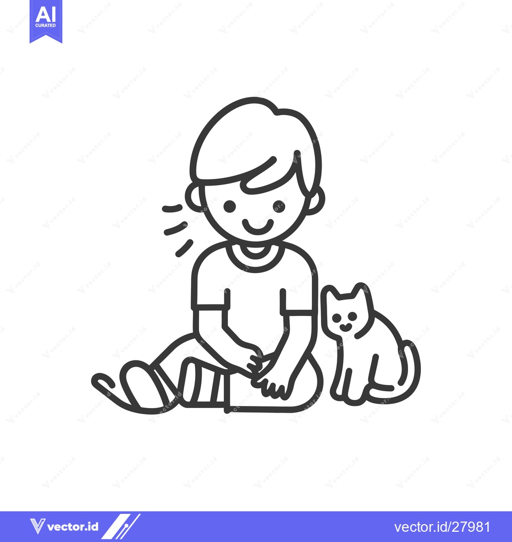 Premium Vector dari Boy Sitting with a Cat and a Bandaged Leg