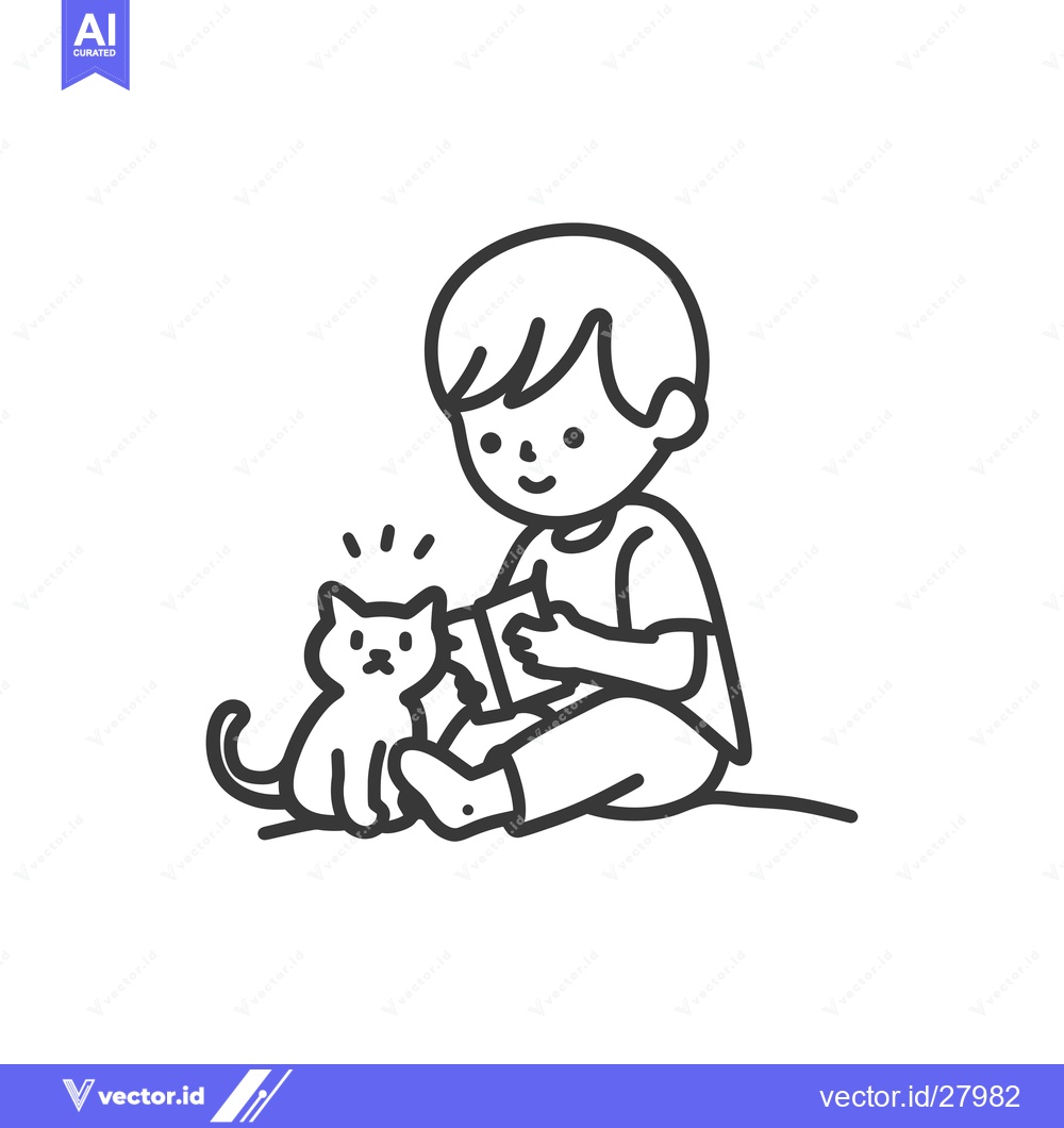 Premium Vector dari Boy Sitting with a Cat and a Book