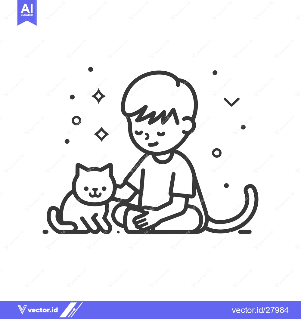 Premium Vector of Boy Sitting with a Cat, Surrounded by Sparkle Decorations