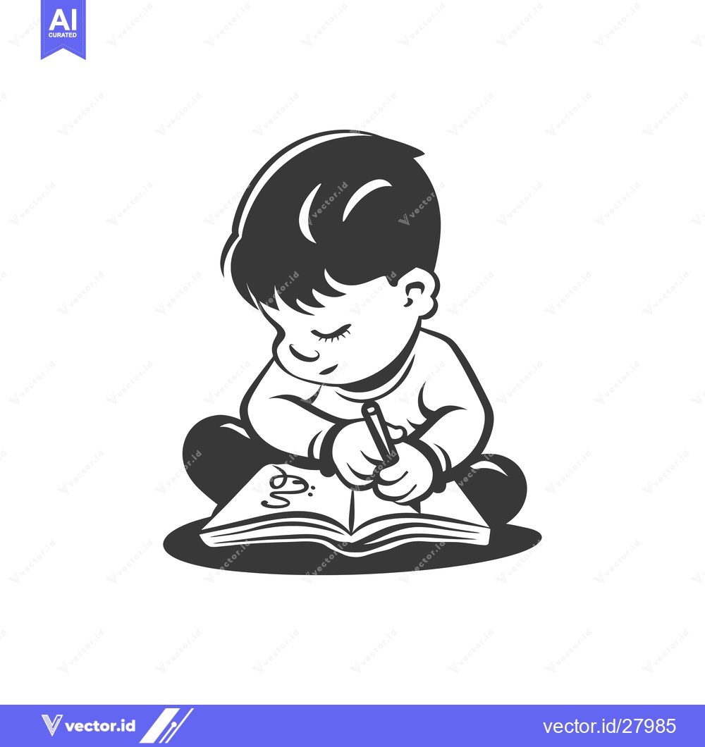 Premium Vector of Boy Sitting with Book and Pencil, Writing in Notebook