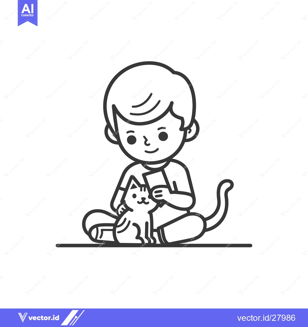 Premium Vector dari Boy Sitting with Cat and Petting It