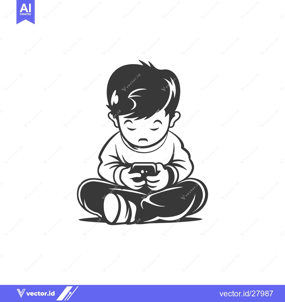 Premium Vector of Boy Sitting with Smartphone and Focused Expression