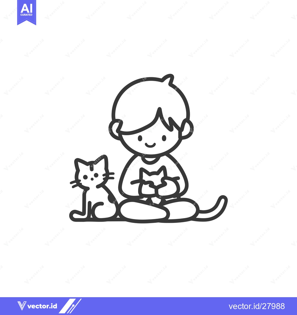 Premium Vector of Boy sitting with two cats in his lap and beside him