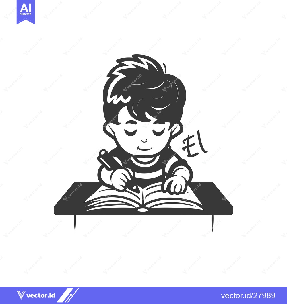 Premium Vector of Boy Studying at a Desk with a Book and Pen