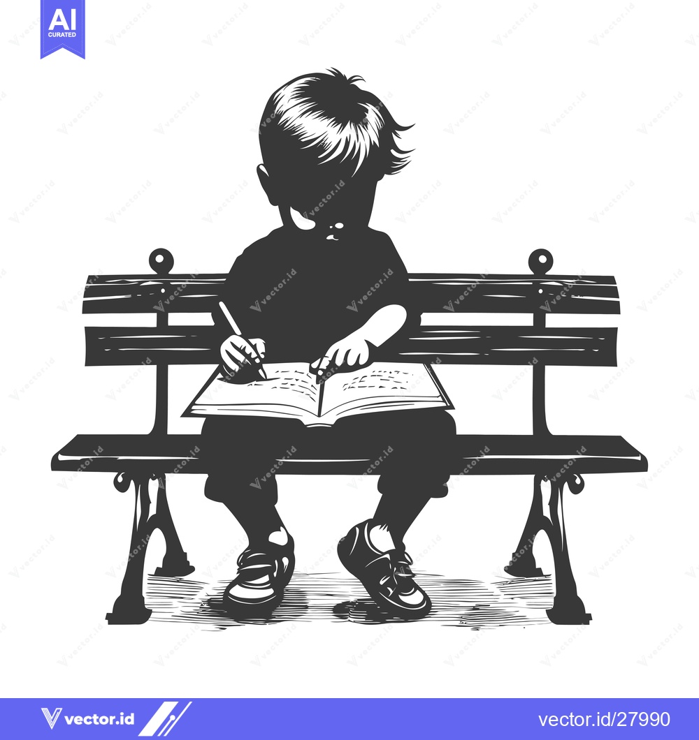 Premium Vector dari Boy Studying on a Bench with a Book and Pencil
