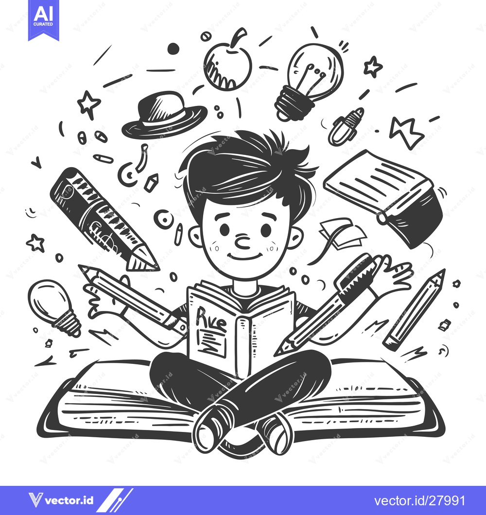 Premium Vector dari Boy Surrounded by School Supplies Reading a Book