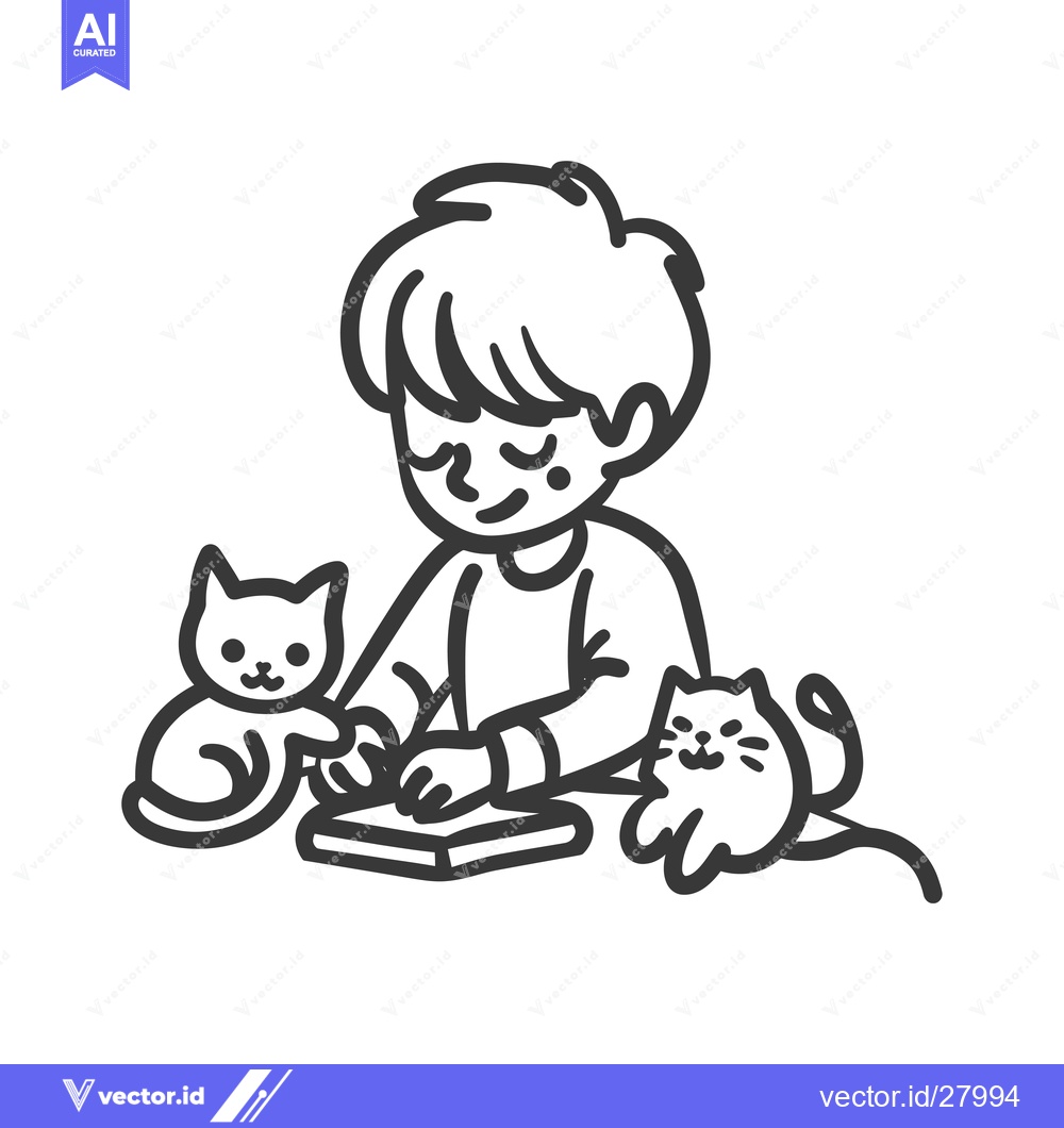Premium Vector dari Boy with two cats sitting and playing with a book