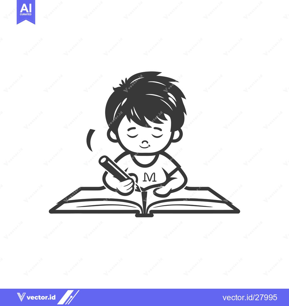 Premium Vector dari Boy Writing in an Open Book with a Pencil