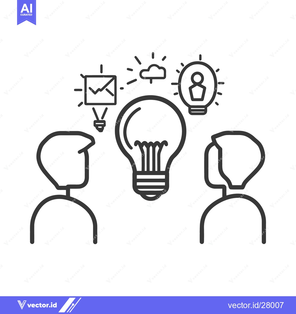 Premium Vector dari Two people discussing ideas with lightbulbs and visual representations