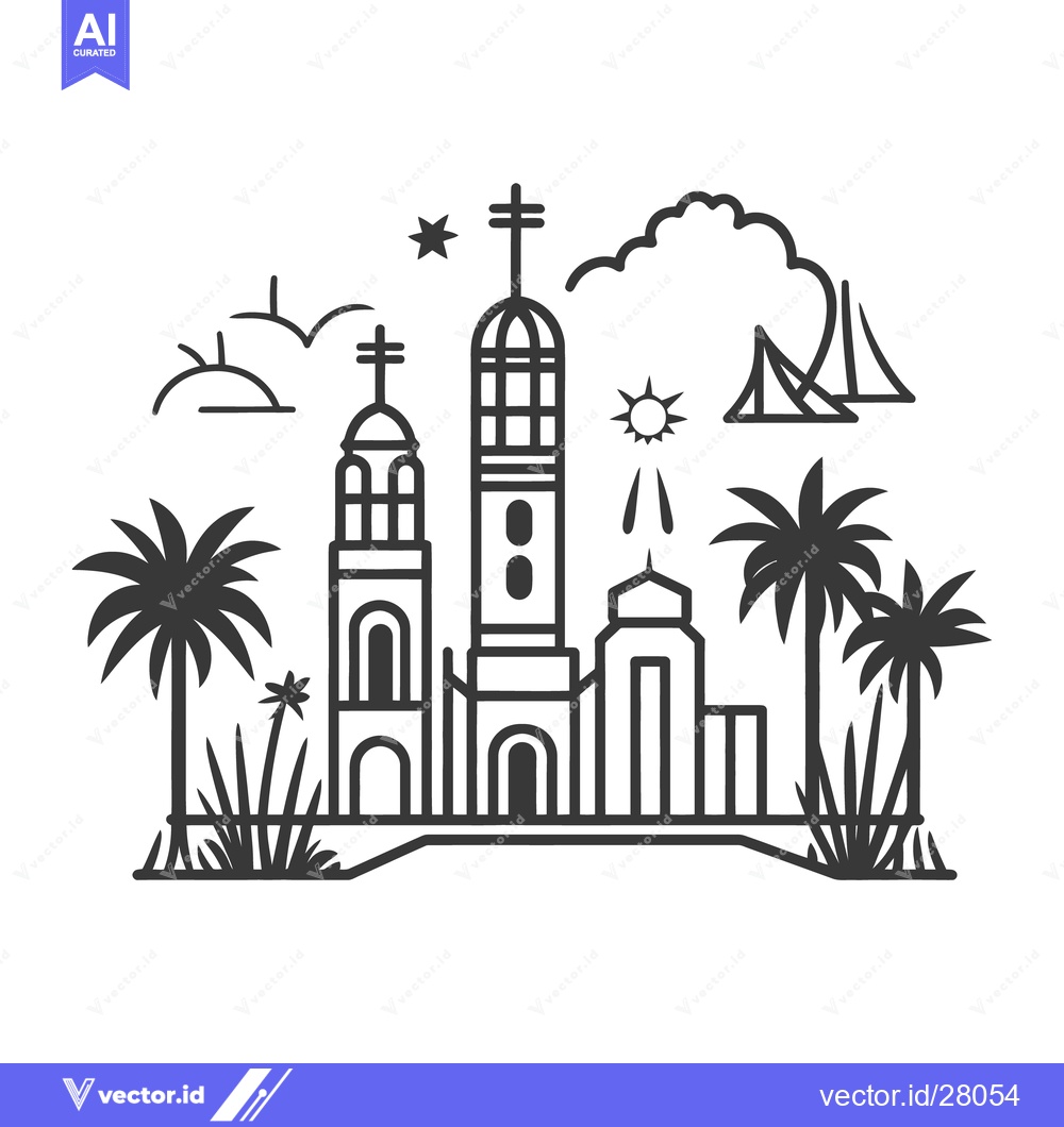 Premium Vector of Black and white outline of coastal city with palm trees and towers