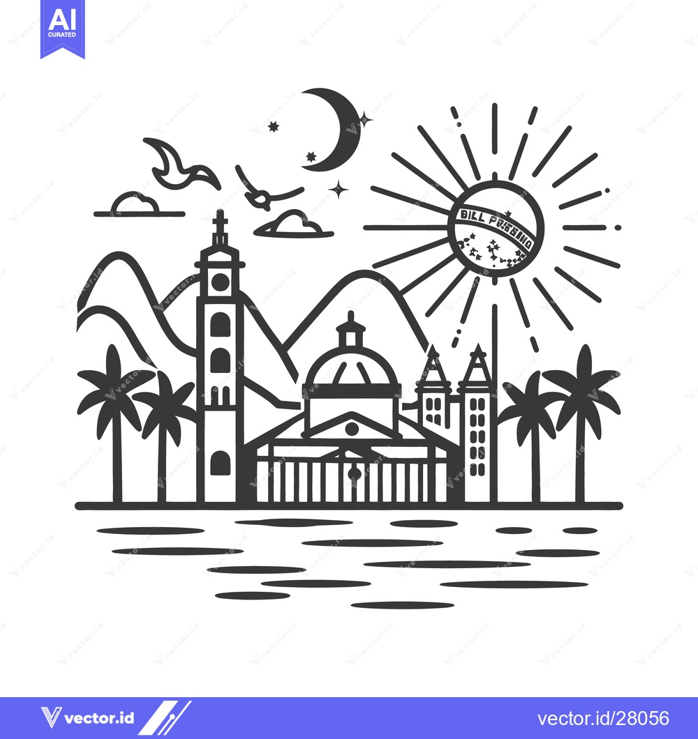 Premium Vector of A scenic black and white illustration of a coastal city landscape