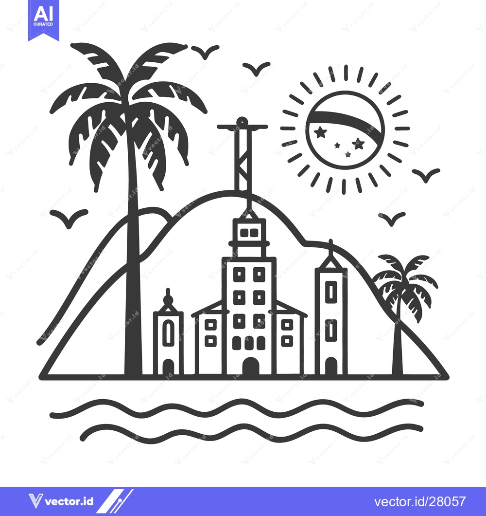 Premium Vector of A black and white illustration of a coastal city landscape