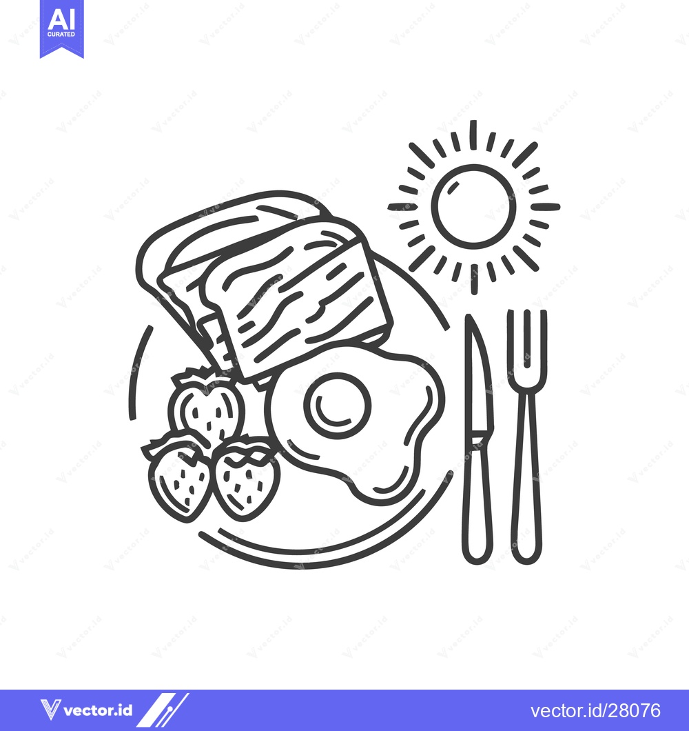 Premium Vector dari Sunny Breakfast Plate: Toast, Egg, Strawberries, and Cutlery Line Art