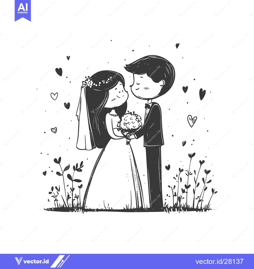 Premium Vector dari Bride and Groom in a Garden Setting with Hearts