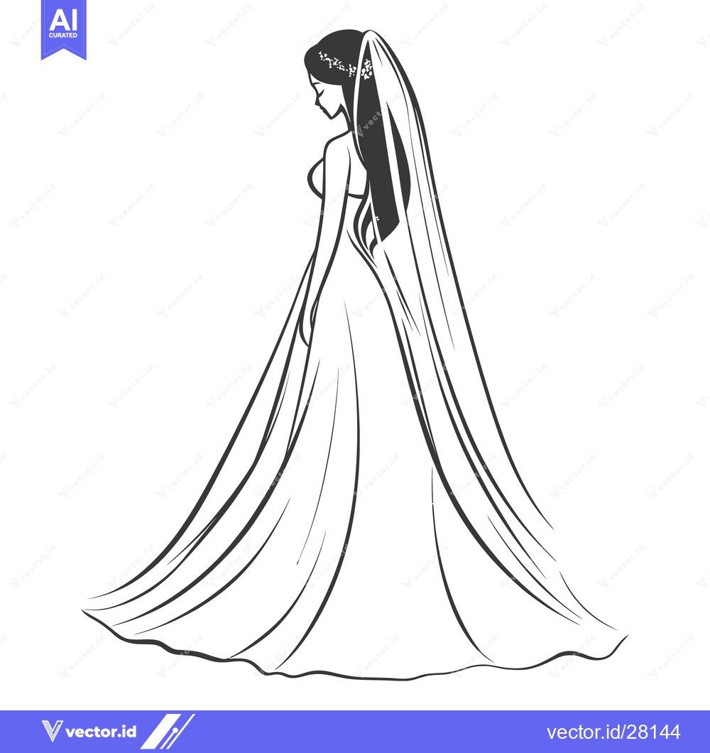 Premium Vector of A sketch drawing depicting a bride wearing a wedding gown and veil