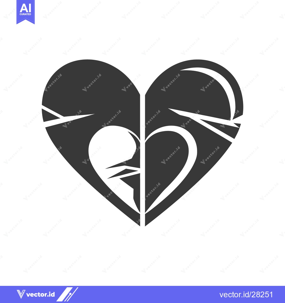 Premium Vector dari A stylized black and white graphic representation of a broken heart