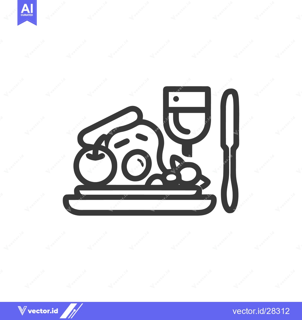 Premium Vector dari Breakfast Icon: Eggs, Sausage, Wine, and Knife on Plate, Minimalist Li