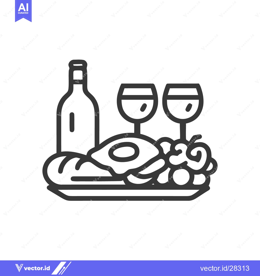 Premium Vector dari Elegant Wine and Dine Icon: Bottle, Glasses, Food Platter Illustration