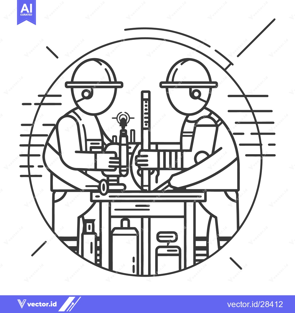 Premium Vector dari Two workers are operating machinery on a workbench together