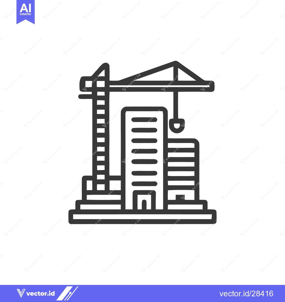 Premium Vector dari Construction Site Icon: Crane and Buildings in Simple Line Art