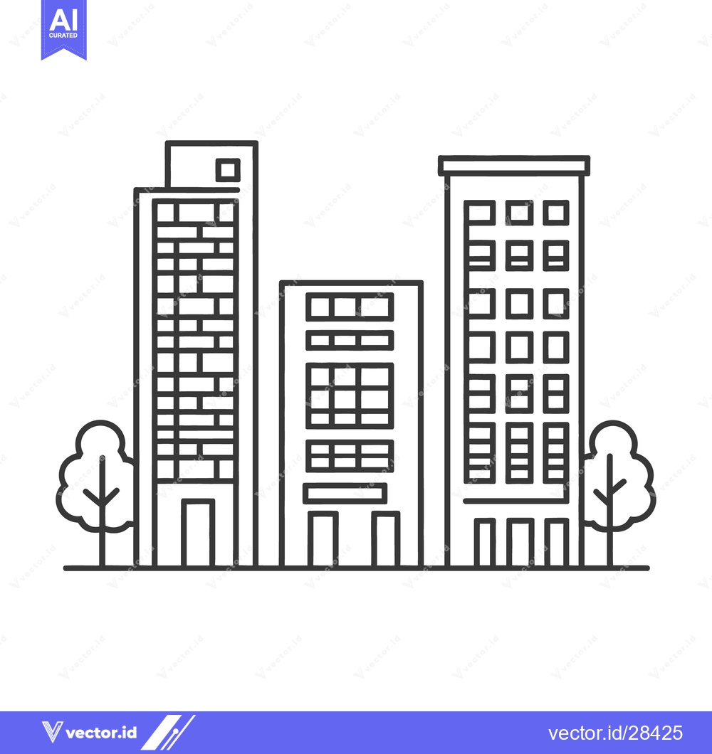 Premium Vector dari Black and white line drawing of city buildings and trees