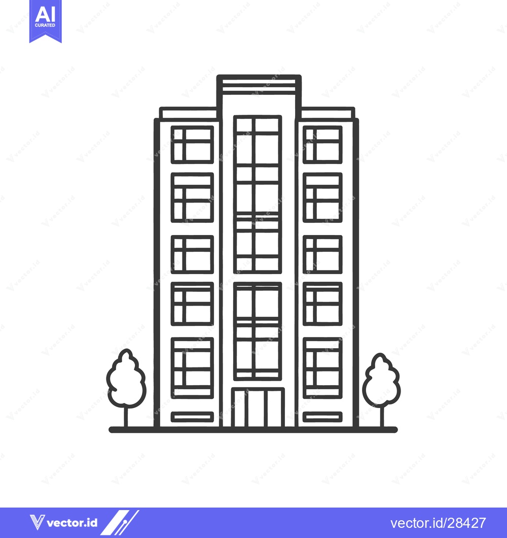 Premium Vector dari A tall modern urban building with windows and two small trees