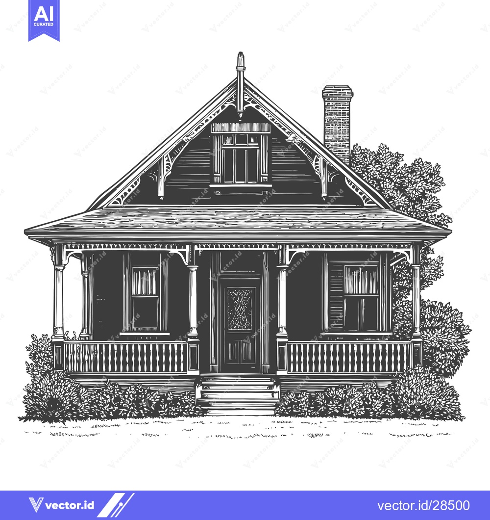 Premium Vector dari A charming vintage wood house with a porch and shrubs